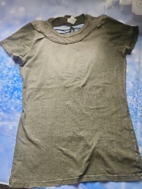 Olive Green Short Sleeve Tee Braided Neck Detail String Detail On Back *call out